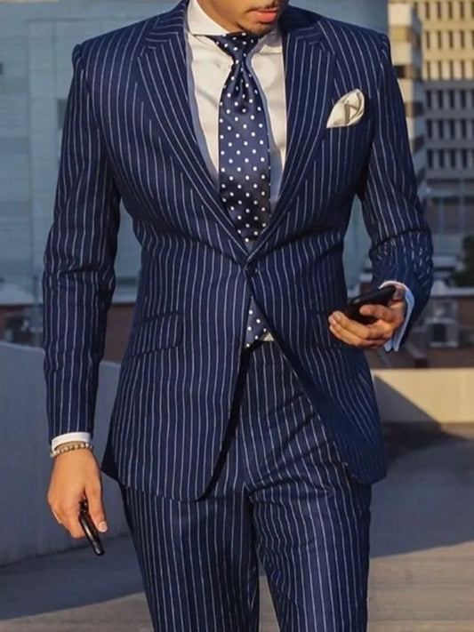 Navy Blue/Black Striped Men Suits Slim Fit Notch Lapel Single Breasted Wedding Groom