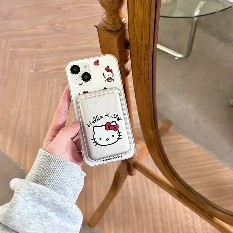 Cute Sanrio Hello Kitty Magnetic Card Wallet Holder Magsafe Wireless Charge Phone Case For iPhone 17 16 15 14 13 Pro Max Cover