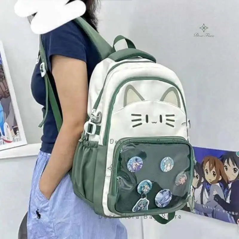 Y2K Cute Cat Ita Backpacks Large Capacity Knapsack Casual Girl Transparent DIY Display Rucksack Cartoon Trendy Travel Schoolbags