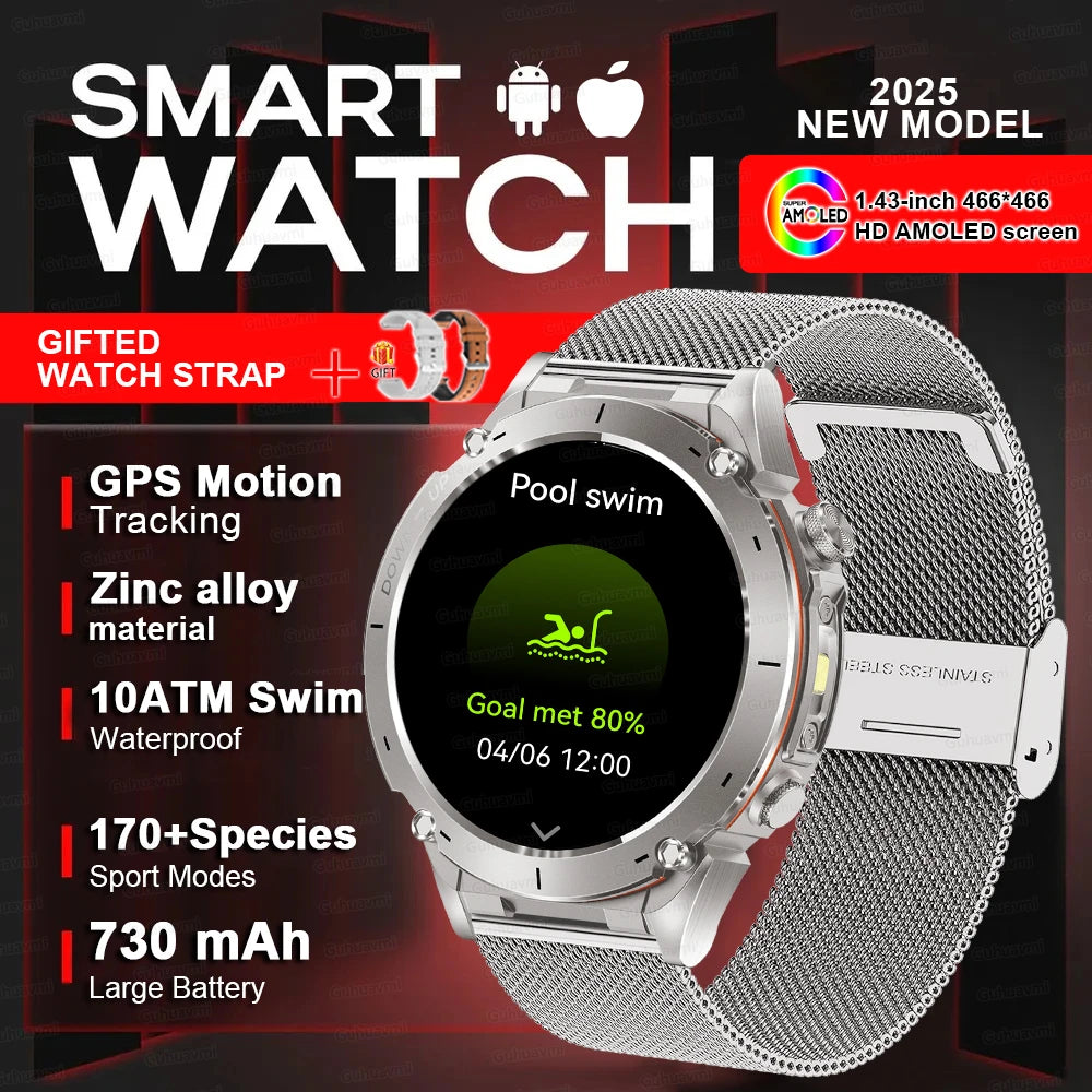 2025 Upgraded New Outdoors Sports Military GPS Smart Watch 10ATM Waterproof 730mAh High Battery Compass NFC HD BT Call Men Watch