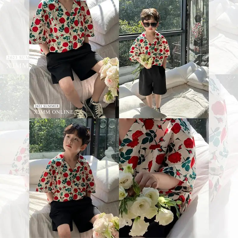 2-11T Kids Boys Clothes Floral Pattern Boy Cotton Blouse Shirt + Short 2pcs Outfits Boy Summer Party Birthday Handsome Clothing