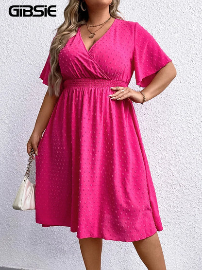 GIBSIE Plus Size Swiss Dot Surplice Neck Butterfly Sleeve Dress Women Casual Summer High Elastic Waist Solid Midi A-Line Dresses