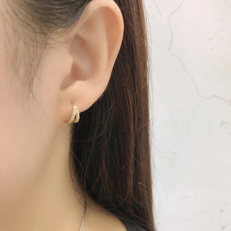 WANTME 925 Sterling Silver Fashion Luxury Shiny Double Layer Zircon Huggies Hoop Earrings for Women Plated 18k Gold Fine Jewelry