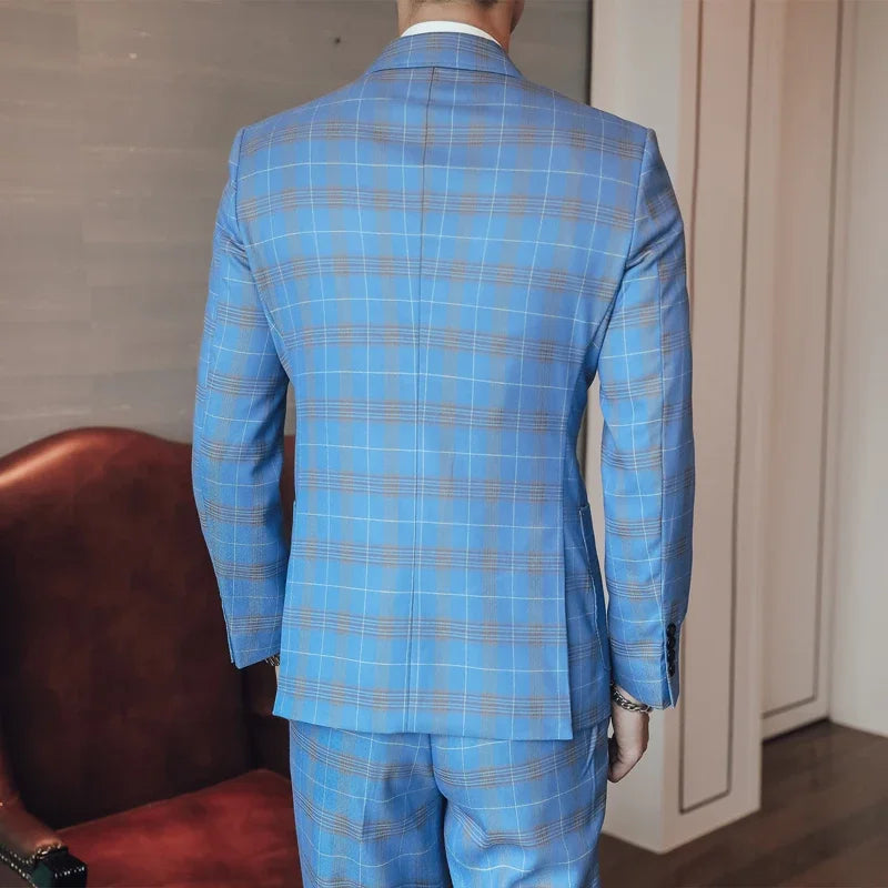 Tuxedo for Mens: Light Blue Three Piece Set Men Plaid Slim Double Breasted Suit