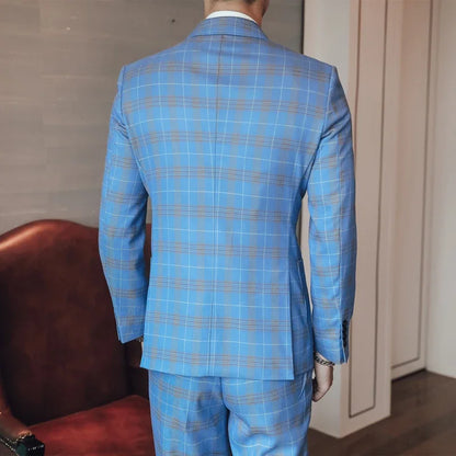 Tuxedo for Mens: Light Blue Three Piece Set Men Plaid Slim Double Breasted Suit