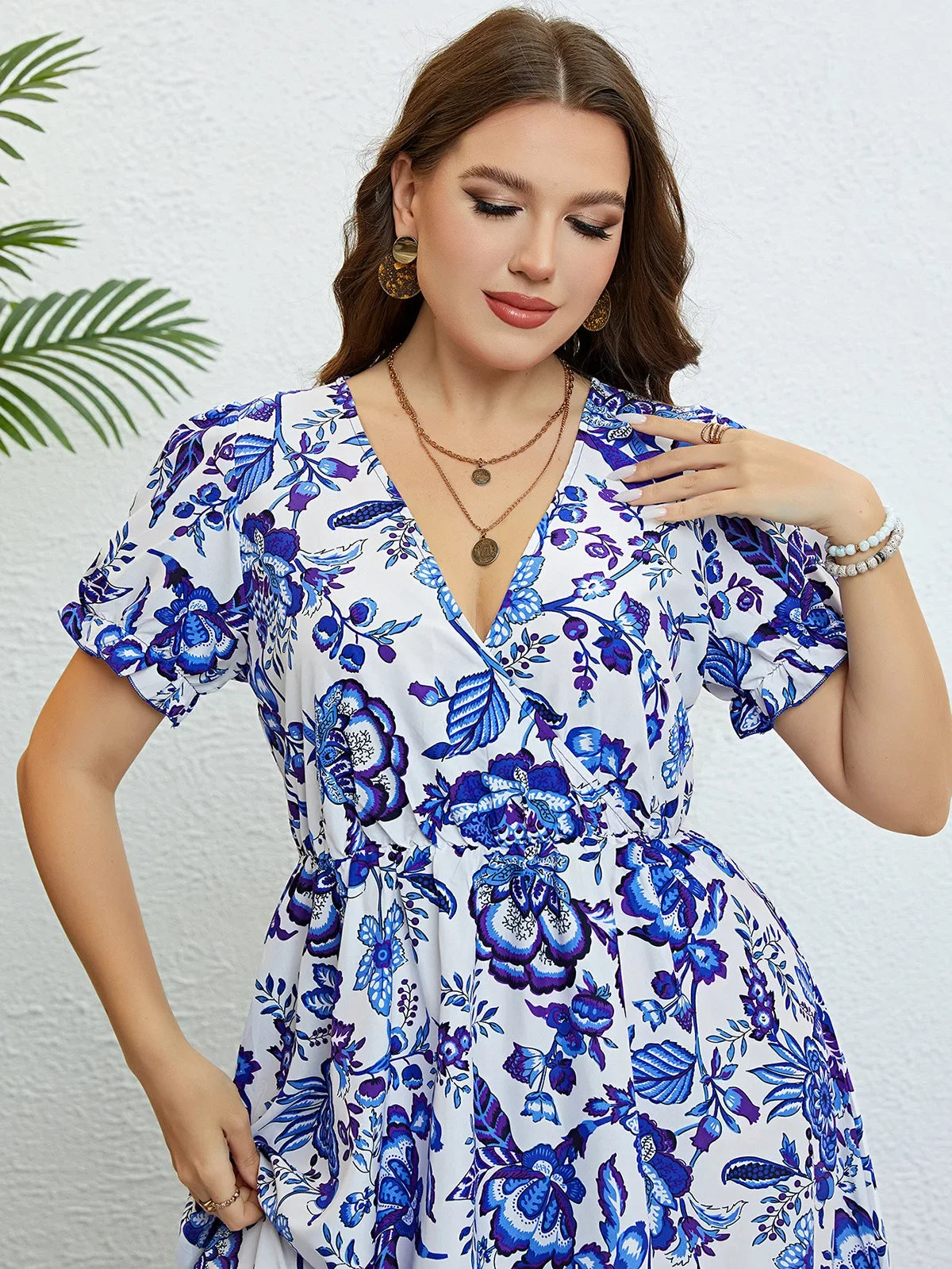 Plus Size Women Flower Print V-Neck A-Line Dresses Elegant Ruffle Short Sleeves Party Robe Casual Lady Vacation Large Size Cloth
