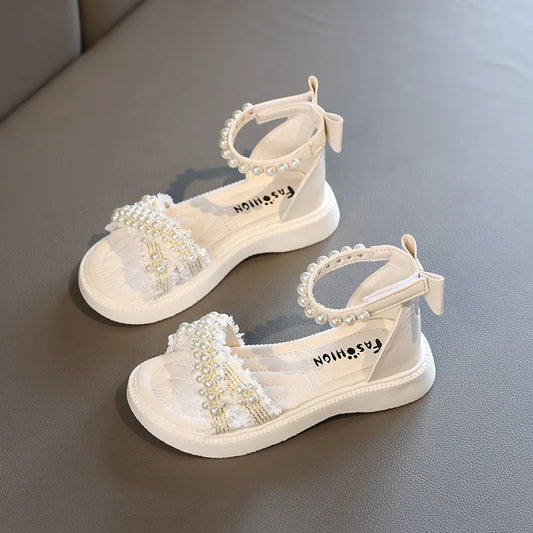 Girls Sandals 2023 New Summer Princess White Party Sandals Pearls Platform Baby Casual Beach Shoes Non-slip Flats with Bowknot