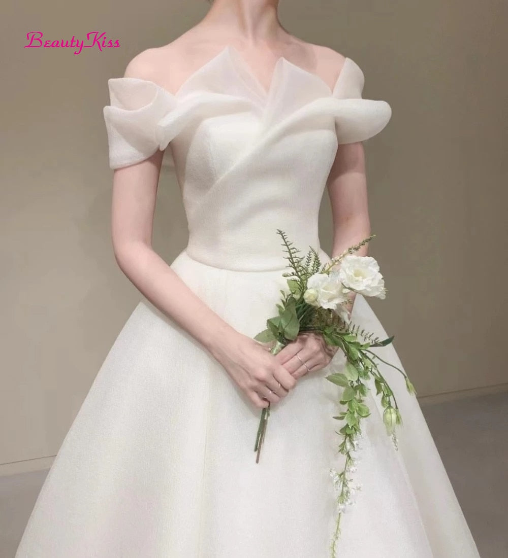 White Bridesmaid Dresses: Ivory Wedding Dress Off-Shoulder Floor Length Short Sleeves