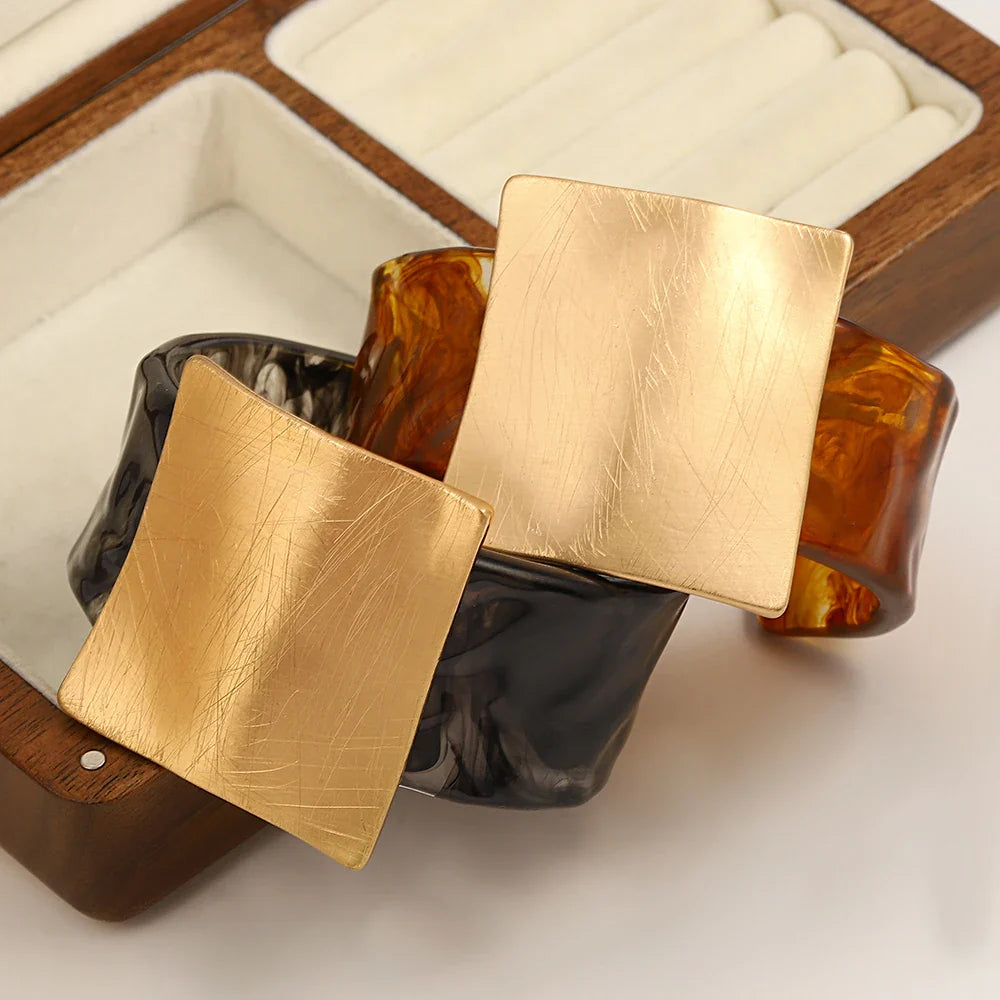 Greatera Metal Brushed Exaggeration Personality Geometric Drawn Square Convex Circular Opening Bracelet Transparent Cuff Bangle