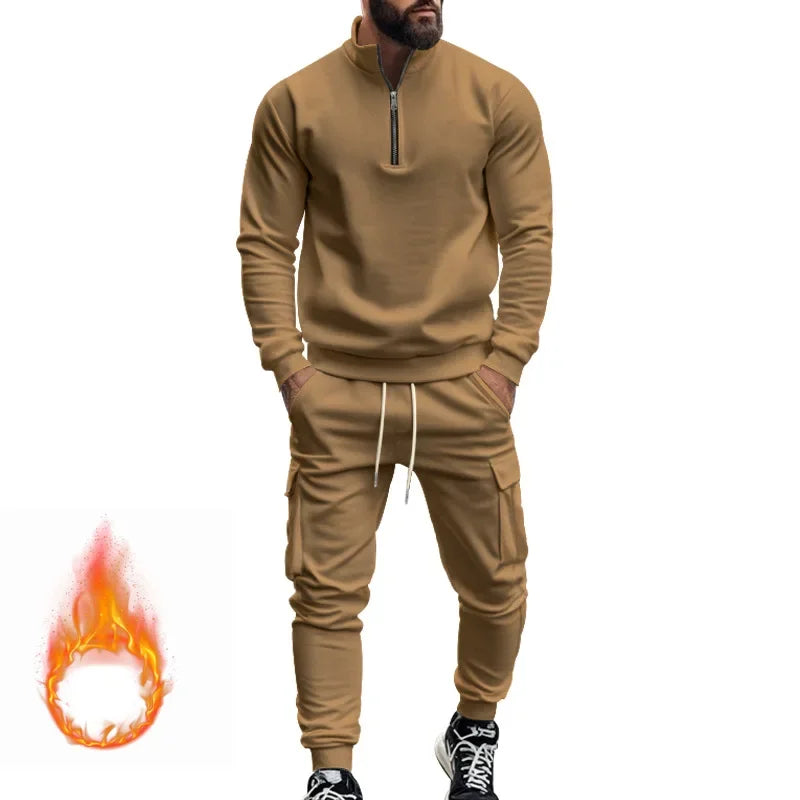 2024 autumn and winter men's casual velvet warm zipper sports trousers set