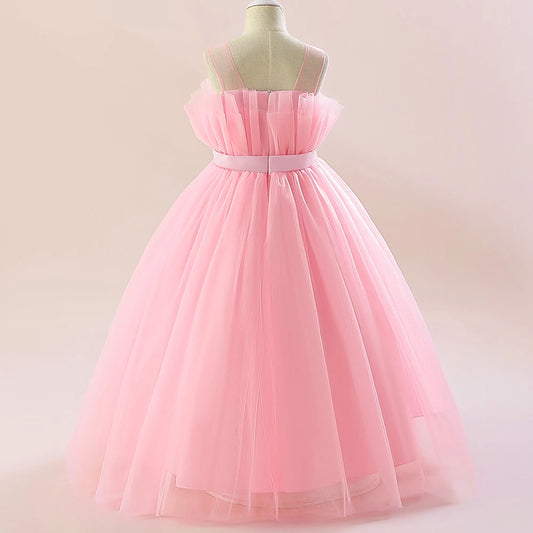 Summer Tulle Bridesmaids Pink Party Dresses for Girls Elegant Bow Princess Wedding Girls Dress First Communion Wedding Prom Gown