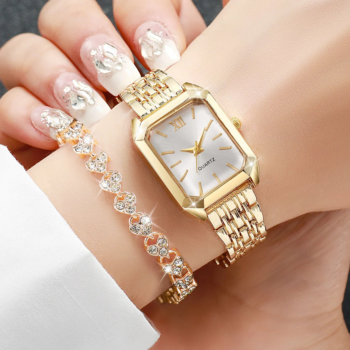 2PCS Fashion Rectangle Women Quartz Watch Rhinestone Bracelet Set Ladies Roma Dial Wristwatch Reloj Mujer Girls Clock Gift