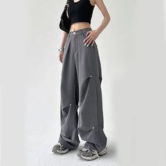 Y2K Black Cargo Pants Women Vintage Loose Wide Leg Pleated Trouser