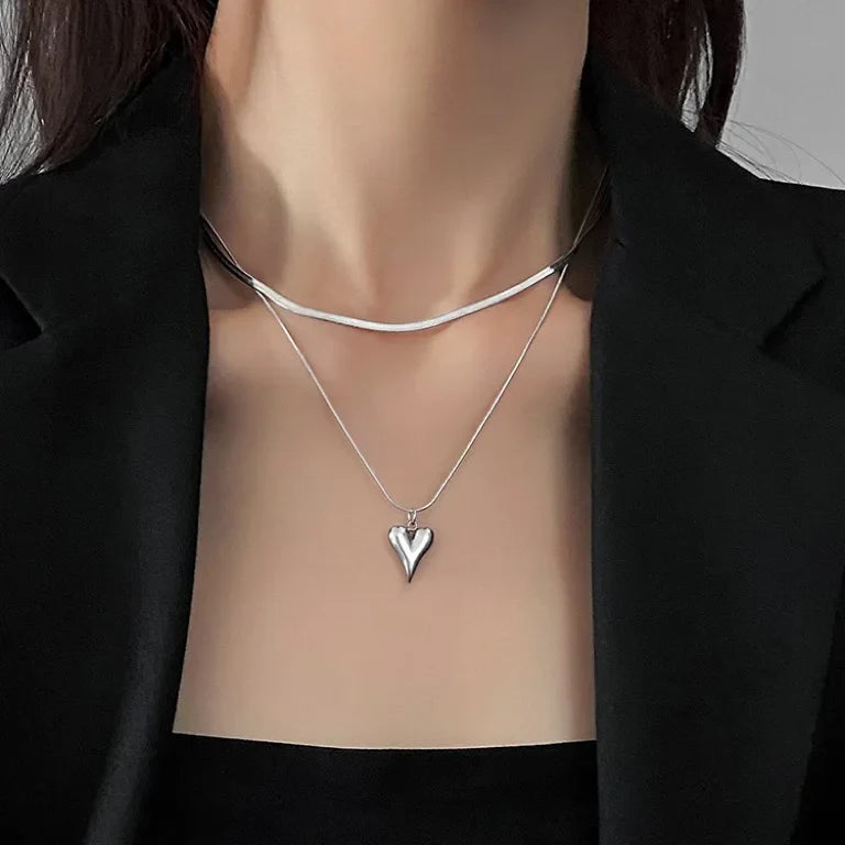 LATS Double Layered Love Heart Pendant Necklace for Women Silver Color Simple Neck Chain Choker Fashion Jewelry Birthday Gifts