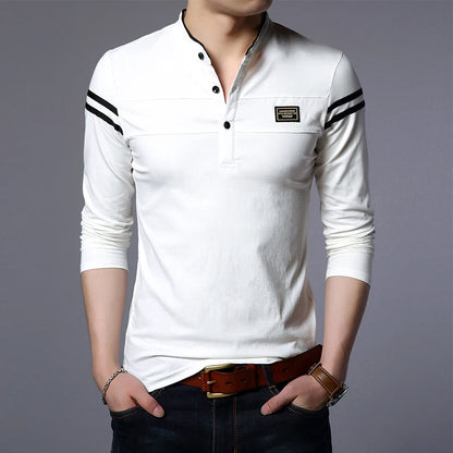 Men's Fashion Summer Long Sleeved POLO T-shirt Casual Cotton Breathable Top Stand Up Neck Long Sleeve Korean Comfortable Shirt