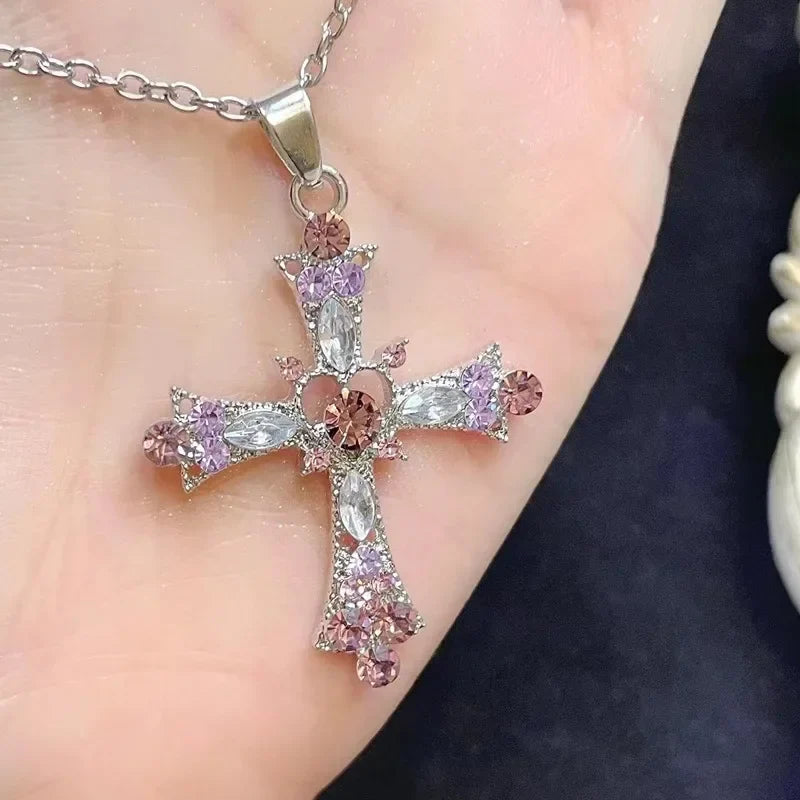 Crystal Cross Pendant Necklace for Women Girls  Shiny Sweet Chain Punk Party Fashion Pendant Fashion Y2K Jewelry Accessories