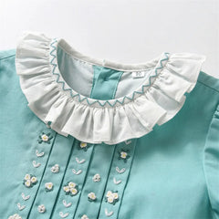 Baby Girls Hand Made Embroidery Dress Children Short Sleeve Frock Ruffle Collar