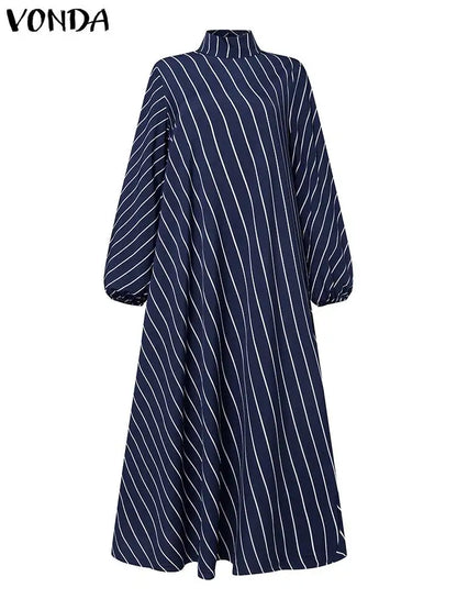 Plus Size 5XL VONDA Elegant Striped Maxi Dress Women High Neck Elegant Long Sundress Long Puff Sleeve Printed Vestidos
