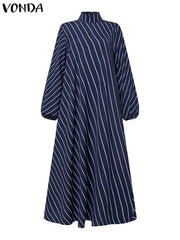 Plus Size 5XL VONDA Elegant Striped Maxi Dress Women High Neck Elegant