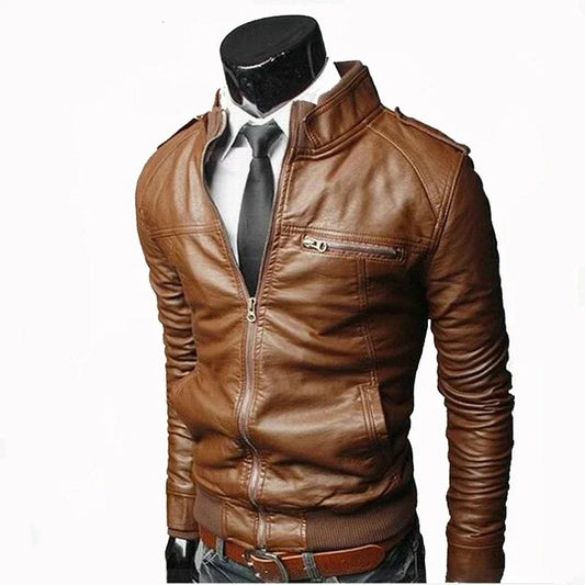 Men Faux Leather Jacket Zippers Men's Stand Collar Coat Spring Autumn Casual