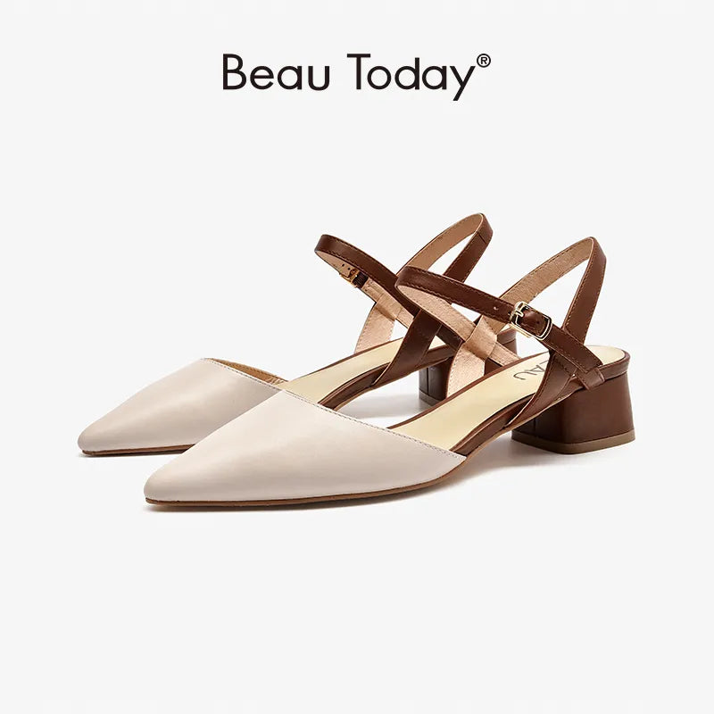 Beautoday Pumps Women Genuine Cow Leather Pointed Toe for Summer Ladies Casual Calfskin Strap Shoes Handmade 31065