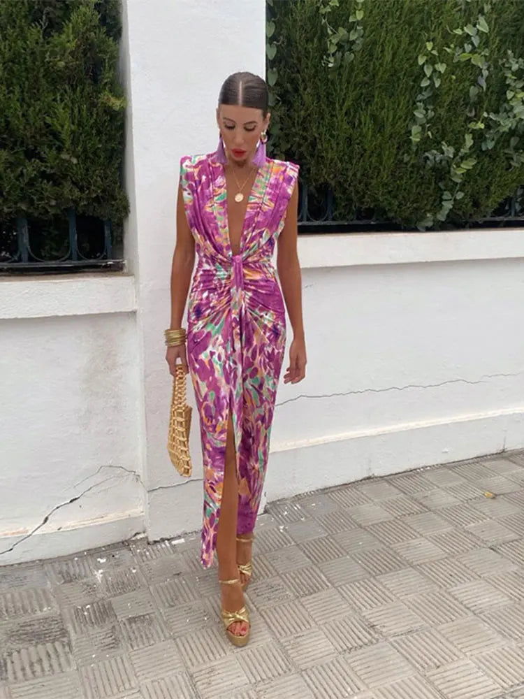 Formal attire Dresses: Printed Maxi Dress Chic Deep V Neck Sleeveless