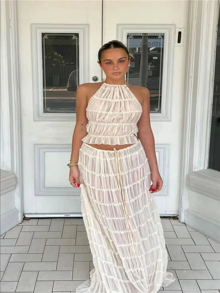 Holiday Beige White Two Pieces Suits Backless Halter Short Tank Vest