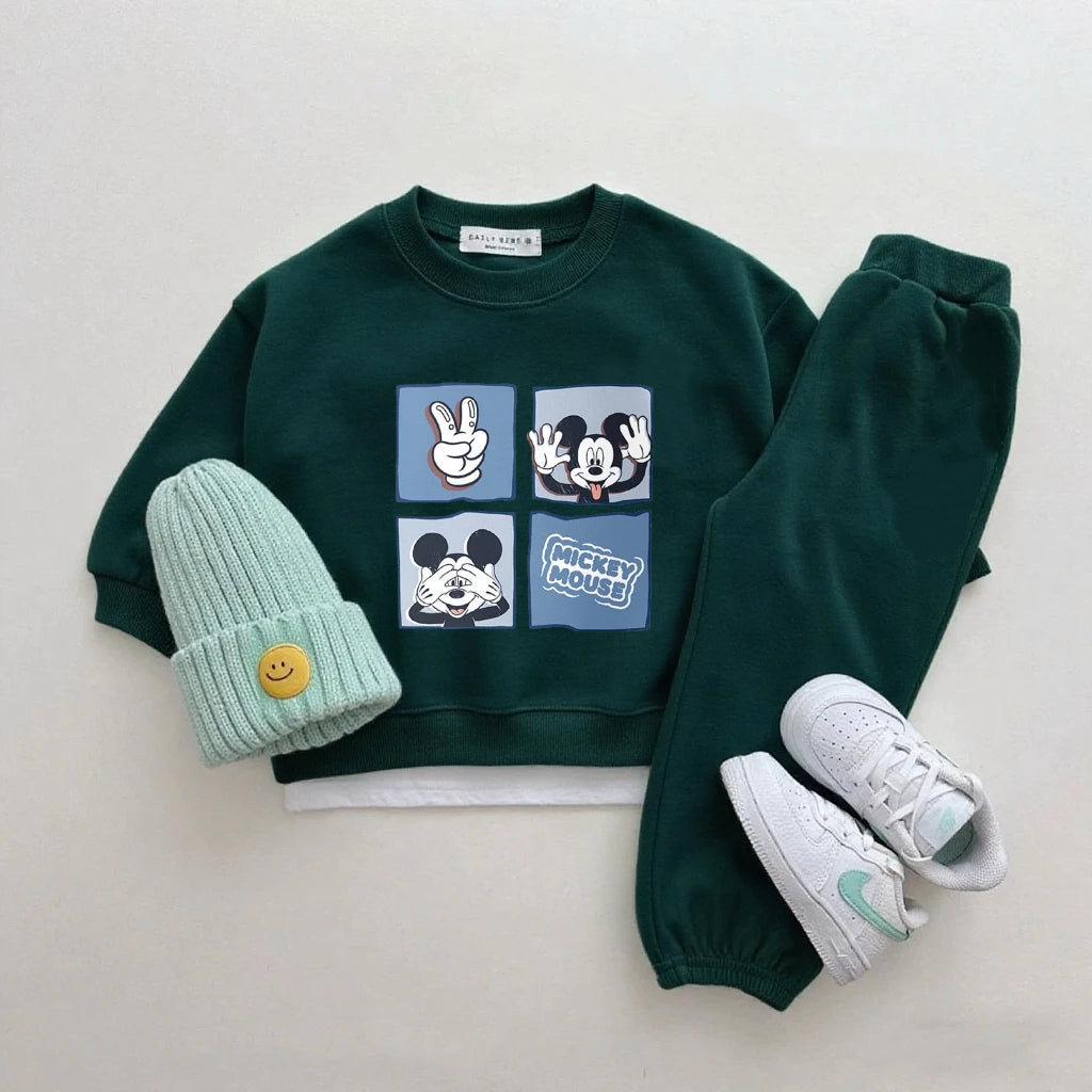 Boys Trendy Wear Long-sleeved Tracksuits Children 2026 Costume Mickey Mouse Tops Green Sweatpants New Two Piece Baby Clothing
