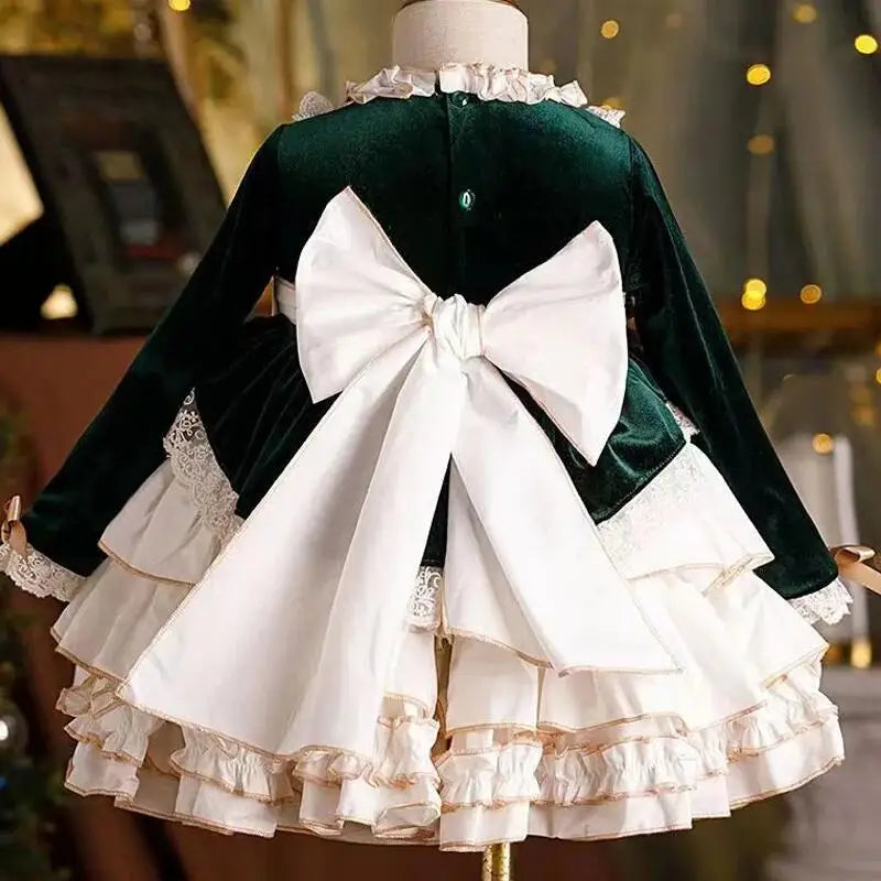Christmas Carnival New Year Palace Style Girls' Princess Dress Lace Bowtie Girls' Birthday Party Elegant Evening Dress