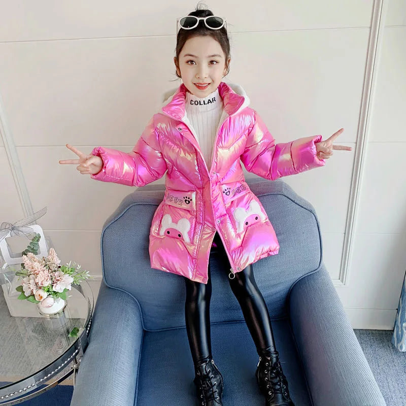 Girls Long Down Jacket Cute Bear Coats For Girls Parkas Fashion Bright Hooded Children