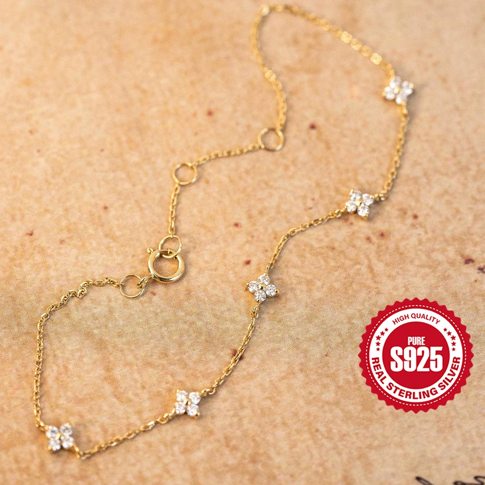 CANNER Real S925 Sterling Silver Mini Zircon Flower Pendant Bracelet Chain for Women's Fine Jewelry Gifts Gold Bracelets Bangles