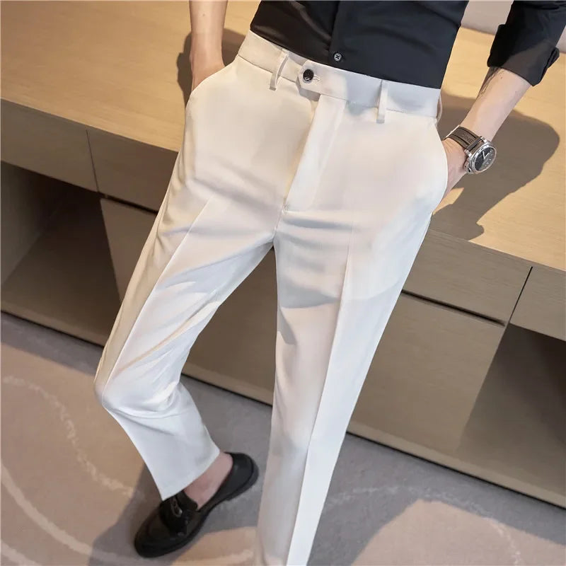 Men British Style Suits Pants Male Solid High Waist Trousers Formal Slim Fit