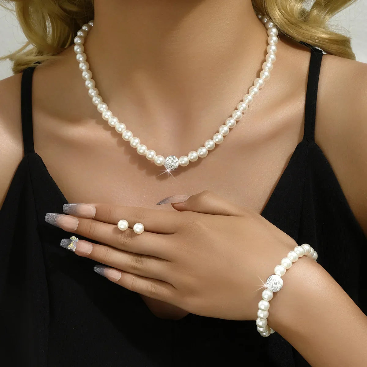 TREAZY Silver Color Pearl Crystal Bridal Jewelry Sets Wave Shape Choker Necklace Earrings Sets for Women Wedding Jewelry Sets