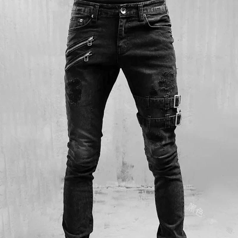 Men Slim Biker Ripped Long Denim Trousers Skinny Jeans Pocket Side Straps