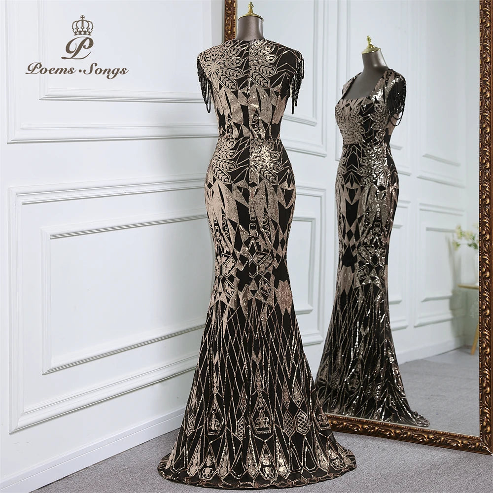 Homecoming Dresses: Long Party Dresses for wedding black and gold sequins Prom Dress