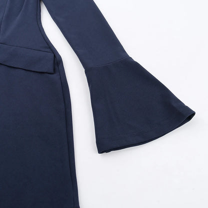 Women Elegant Dark Blue Commuting Mini Dress 2023 Autumn Sexy Pocket Long Sleeve Bodycon Dresses Lady Chic Party Club Robe