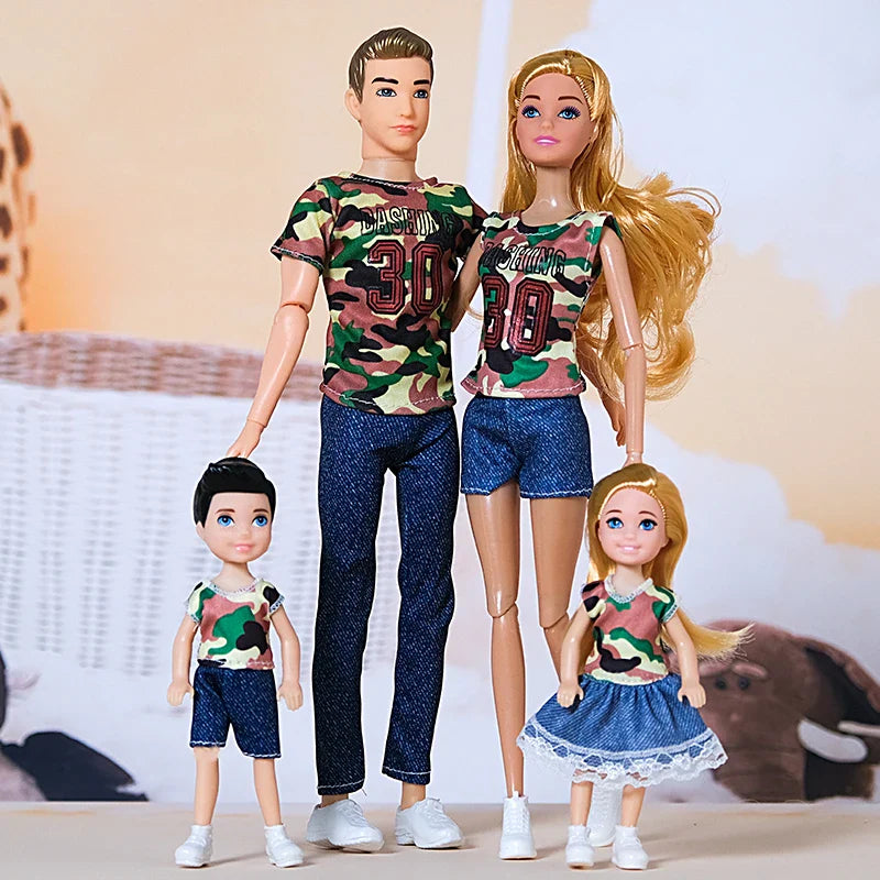 1/6  FamilyDoll Toy Set of 4 People Mom Dad Kids 30cm Barbies Doll Full Set With Clothes for Education Birthday Gift