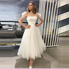 A Line Wedding Dress Scoop Neck Short  Puffy Sleeve Elegant Bridal Gown