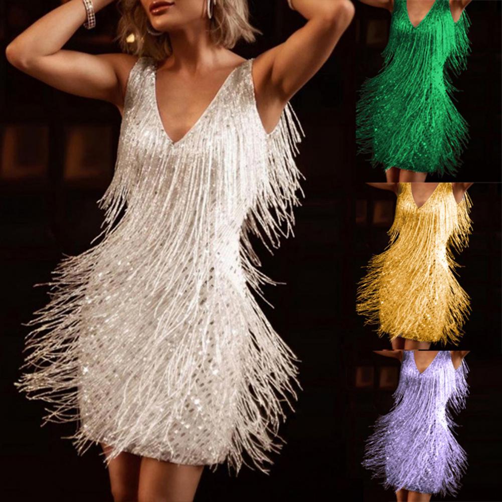 Chic  Elegant Dress Stretchy Tassel Sequins Decor Sexy Bodycon Mini Dress Pure Colors Above Knee Summer Dress Club Wear