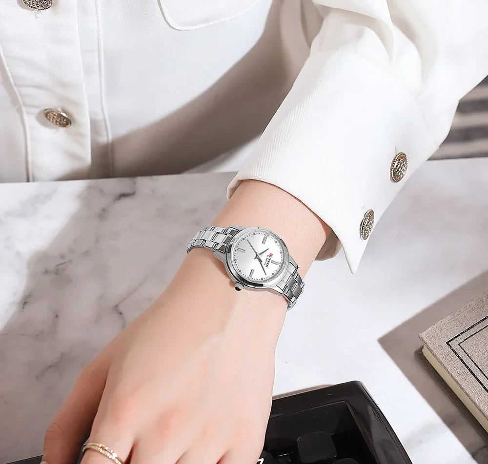 CURREN Simple Round Dial Fashion Dress Quartz Watches for Ladies with Stainless Steel Bracelet Luxury Wristwatches