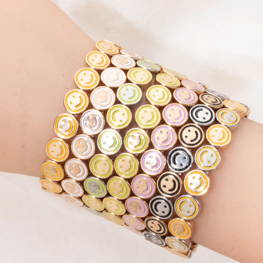 2024 New Happy Bangle Paved Diamond Enamel Beaded Bracelets For Women Boho Gold Color Elastic Bracelets