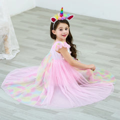 Unicorn Princess Dress for Girl Fancy Mesh Sequins Pink Halloween Costume for Kids