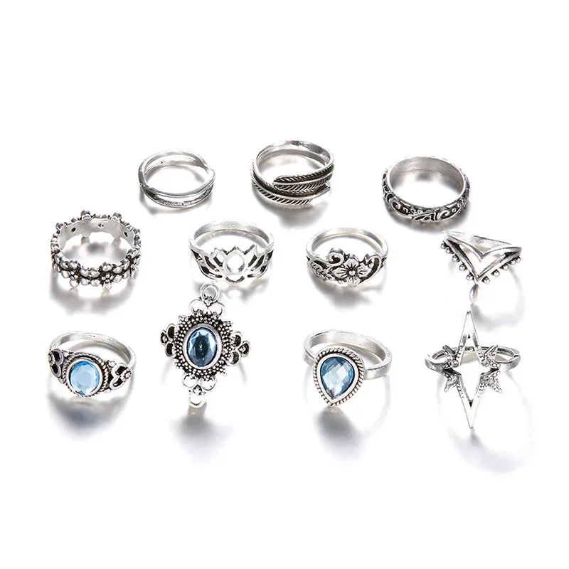 Geometry Retro Rings for Women Boho Inlaid Zircon Carved Starry 11/Pcs Rings