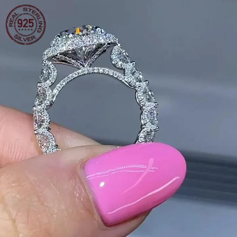 925 Silver Rings For Women Halo Engagement Ring Round Cut AAAAA Zircon Platinum Plated Female Wedding Band Jewelry Gift