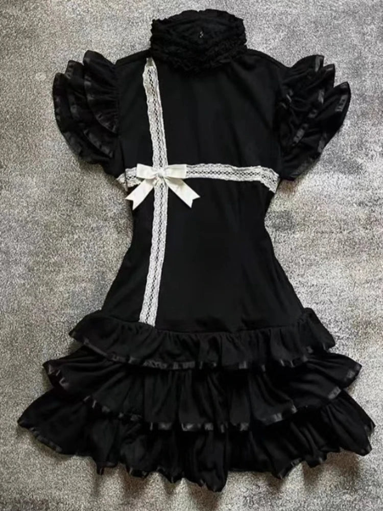 Summer French Elegant Bow Dress Women Gothic Black Vintage Mini Dress Sweet Fashion Off Shoulder Slim Fit Chic Party Outfits New