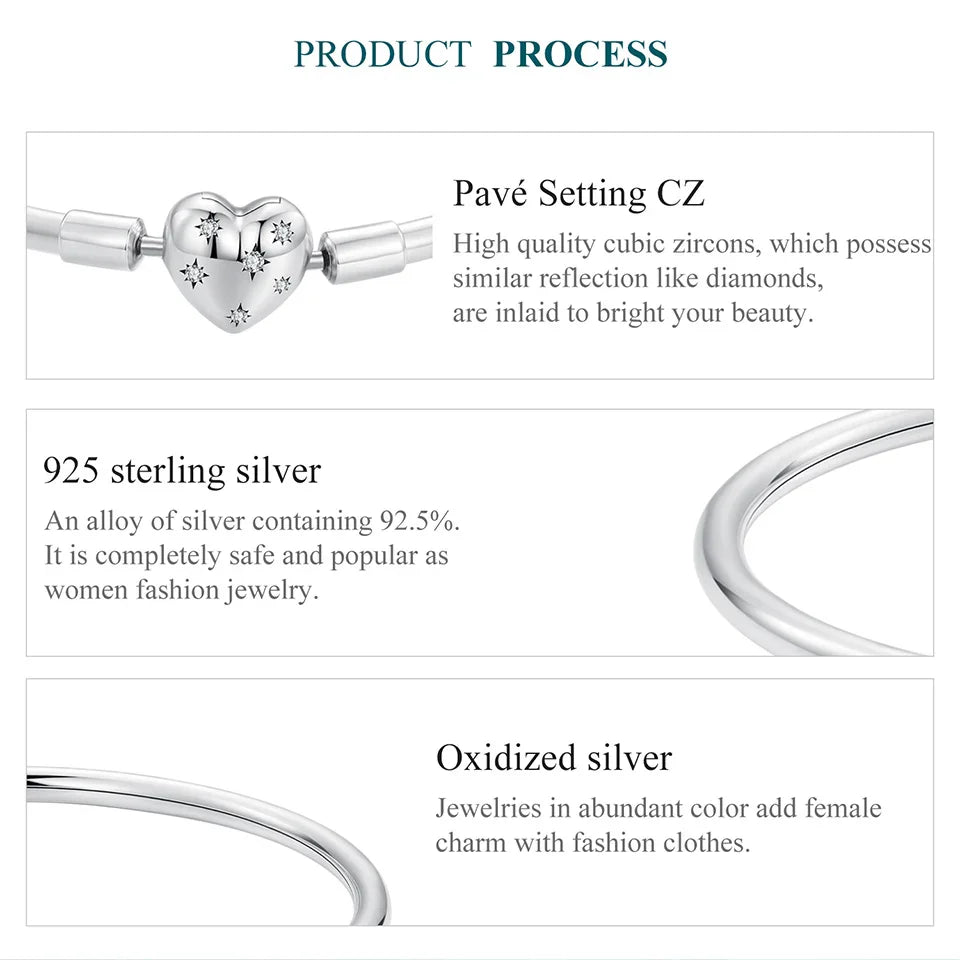 BAMOER Genuine 925 Sterling Silver Charm Glossy Bracelet Heart/Shell Clasp Basic Bangle Star Spacer Beads for Women DIY Jewelry