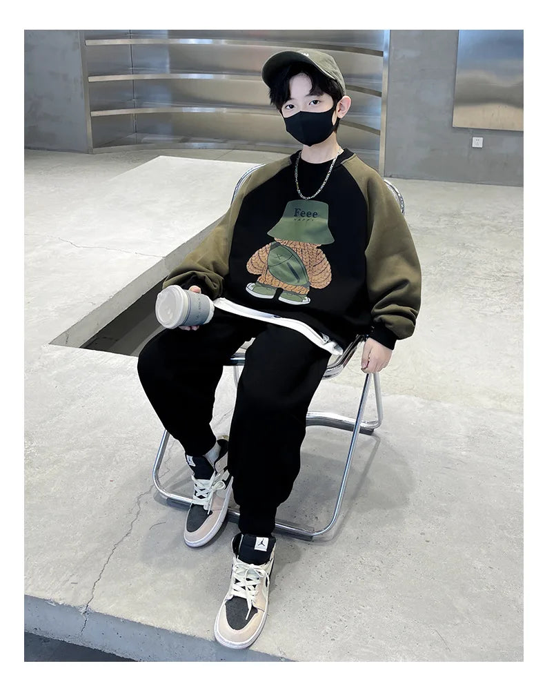 Spring Autumn Boys Patchwork Cartoon Sweatshirt+Sweatpant Workout Set School Kids 2PCS Tracksuit Children Jogging Outfit 5-16 Yr