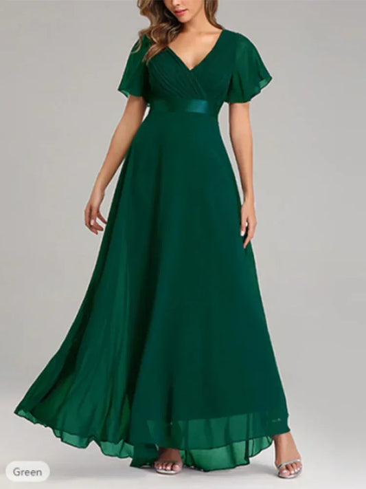 Plus Size Classic Mother of the Bride Dresses A-Line V-neck Formal Wedding Guest Dresses Chiffon Pleated Female Vestido largo