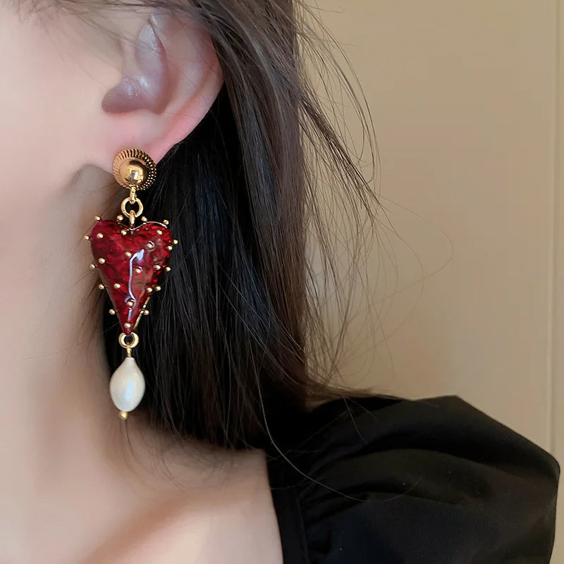 Minar Charming Red Color Resin Love Heart Dangle Earrings for Women Baroque Freshwater Pearl Long Earring Wedding Party Jewelry