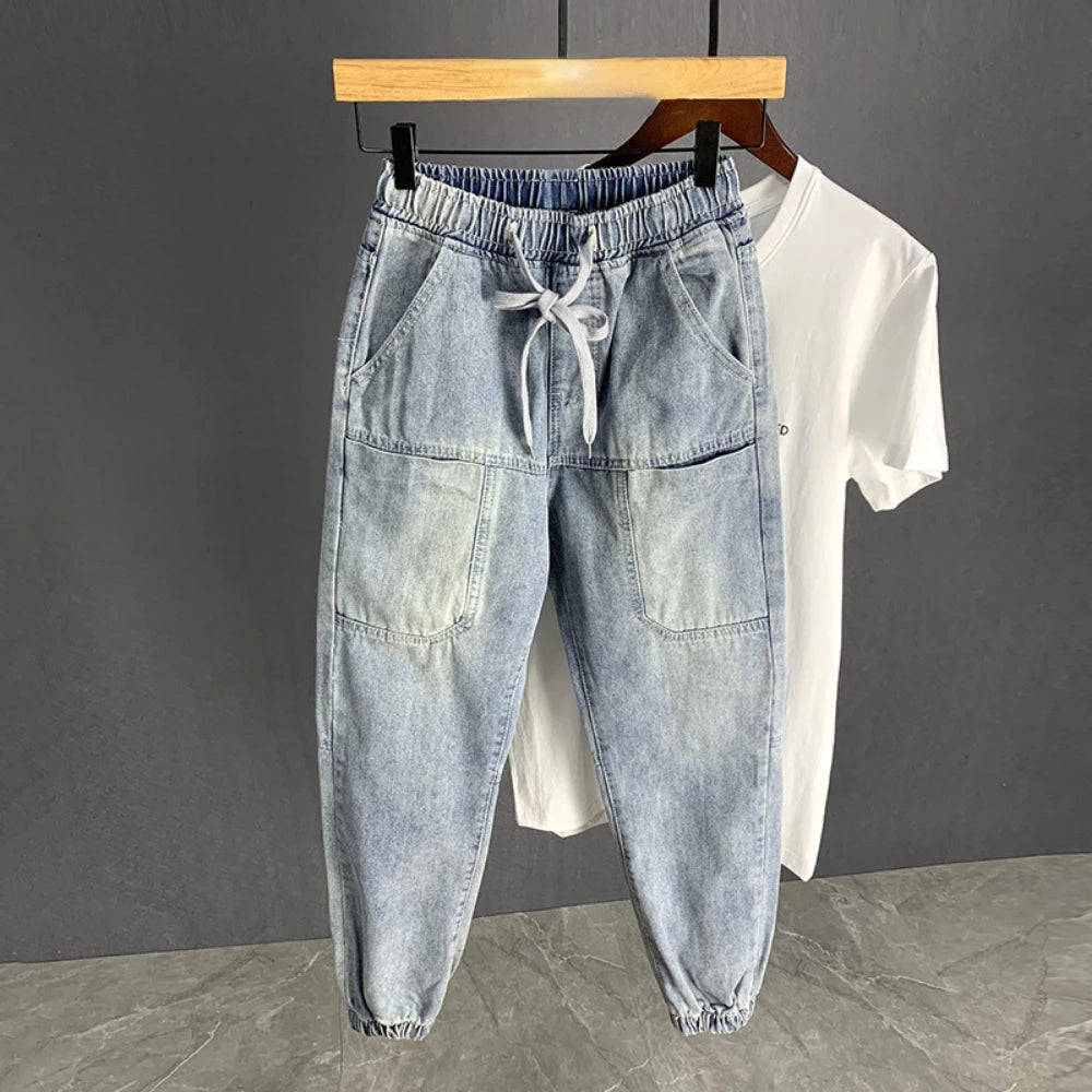 Harem Jeans Men Vintage Washed Light Blue Denim Trousers Hip Hop Loose